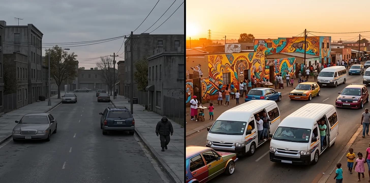 GTA San Andreas vs GTA Mzansi 2026 — generic American city vs vibrant SA township street