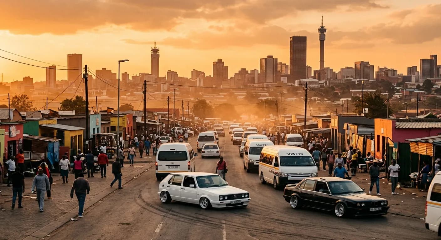GTA Mzansi 2026 — Johannesburg skyline with Soweto township streets and SA vehicles