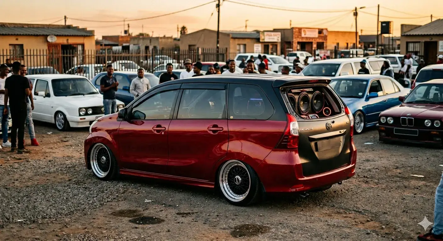 Toyota Avanza stance build in GTA Mzansi - slammed low on wide rims at a kasi car meet