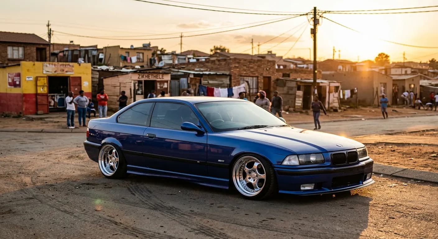 BMW E36 in GTA Mzansi - lowered kasi build parked at a South African township street corner