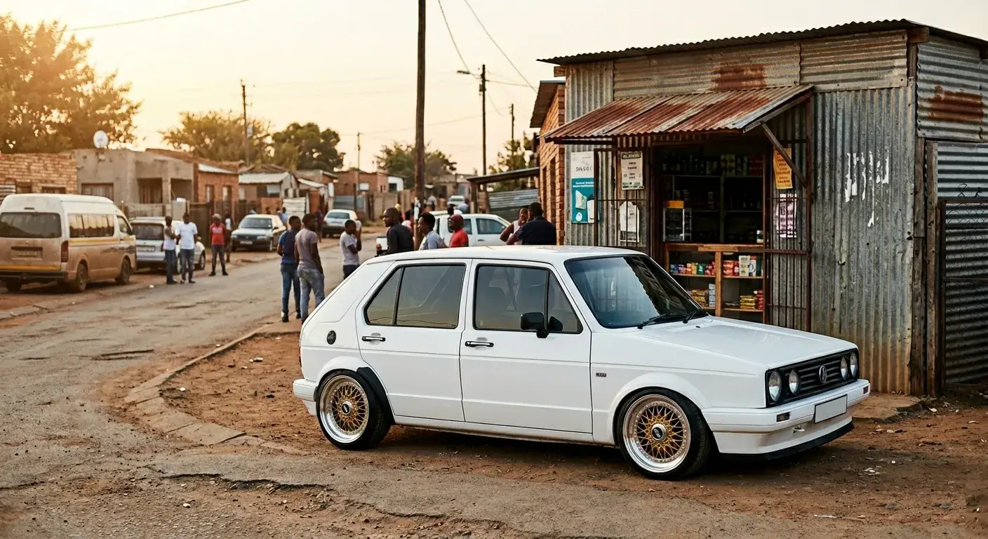 VW Citi Golf Mk1 in GTA Mzansi - lowered stance on deep dish rims outside a South African spaza shop