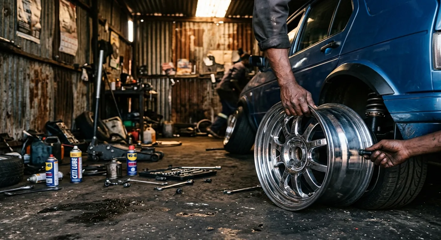 GTA Mzansi car customisation - fitting deep-dish chrome rims on a VW Citi Golf in a township workshop
