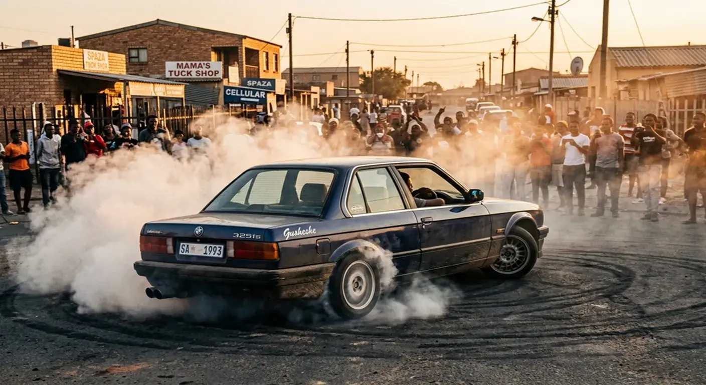 BMW E30 Gusheshe doing spinning donuts in GTA Mzansi - tyre smoke and township crowd