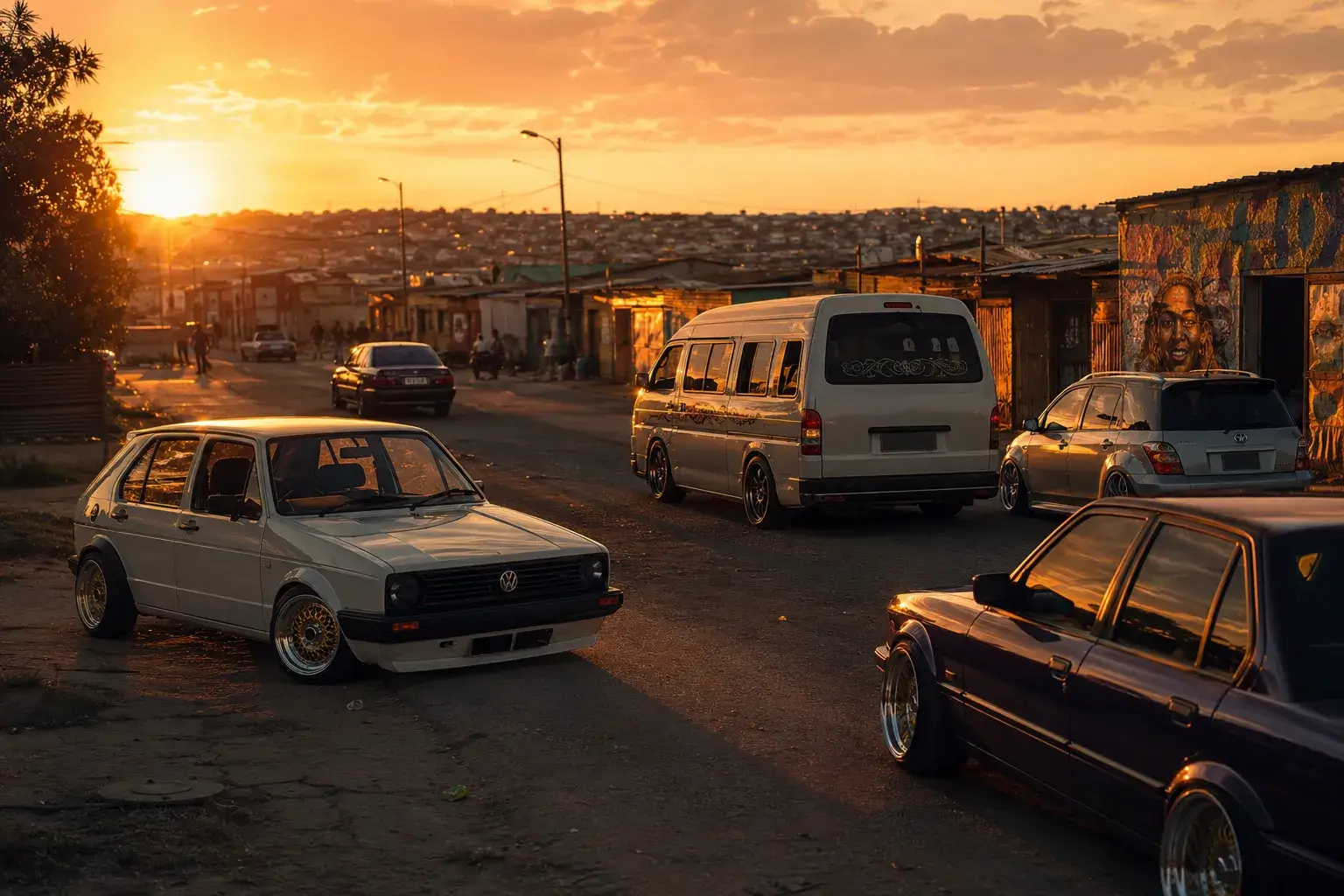 GTA Mzansi cars - VW Citi Golf, Toyota Quantum taxi, BMW E30 Gusheshe on a South African township street