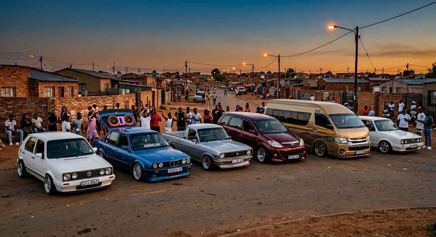Kasi car meet in GTA Mzansi - stanced VW Citi Golf, BMW E30, Toyota Avanza and Quantum lined up at dusk