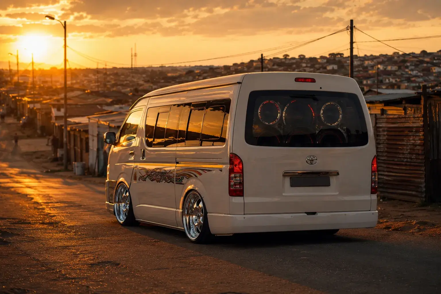 Toyota Quantum minibus taxi in GTA Mzansi - stanced with chrome rims and amapiano sound system
