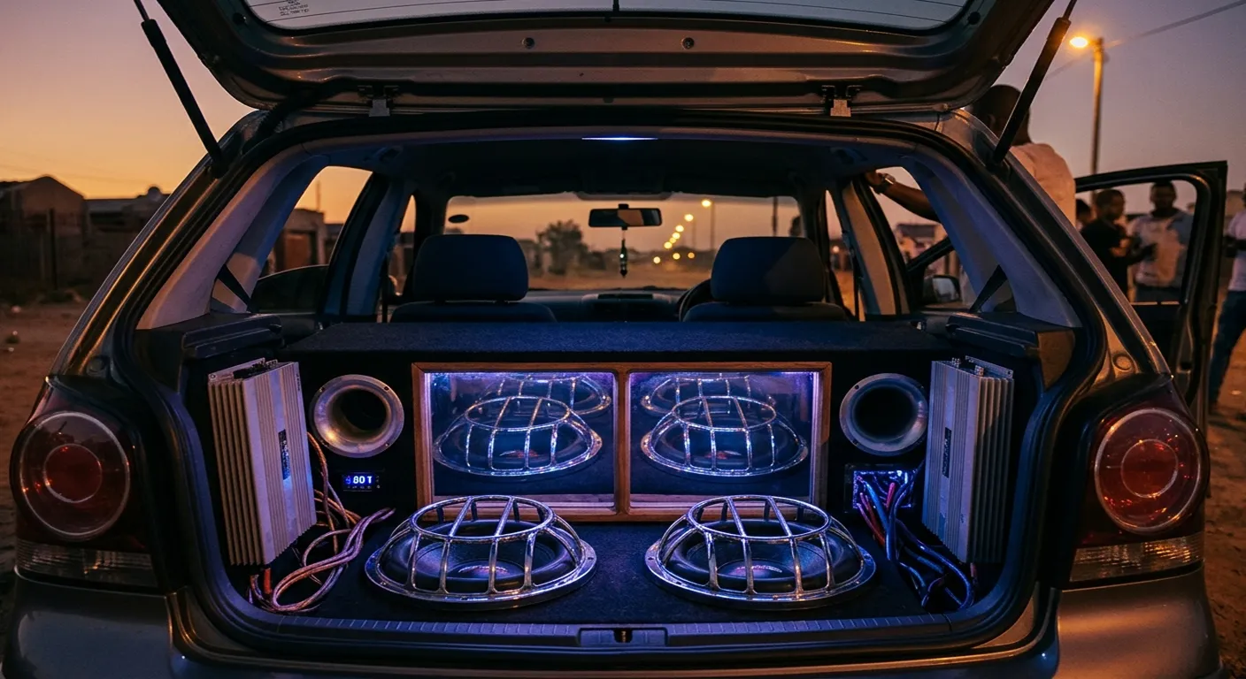 South African kasi car boot open showing custom subwoofers and sound system in GTA Mzansi