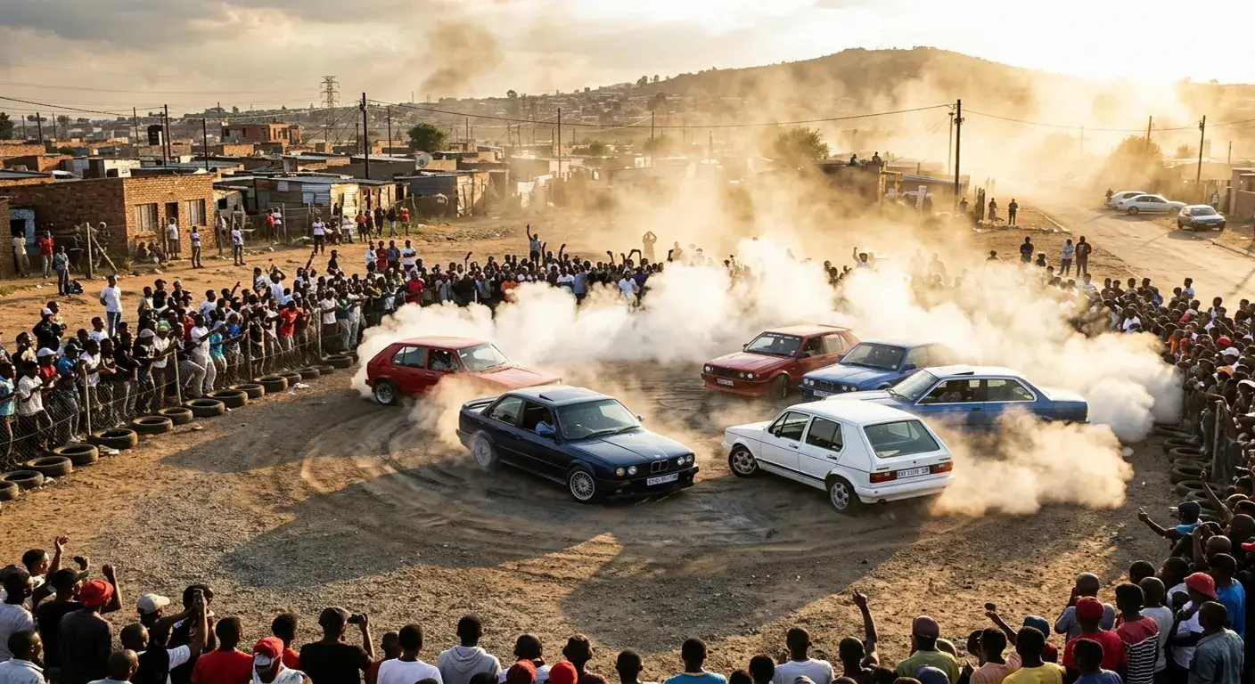 South African spinning event in GTA Mzansi - BMW E30 doing donuts with tyre smoke and township crowd