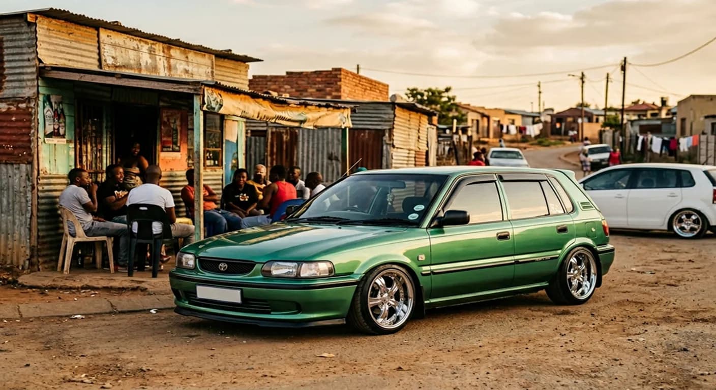 Toyota Tazz in GTA Mzansi - lowered kasi stance build on chrome rims outside a South African shebeen