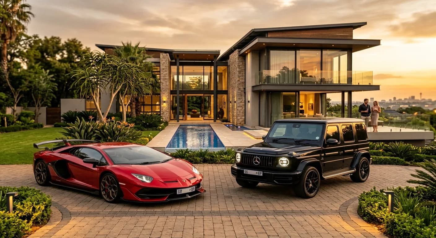 GTA Mzansi Forex Trader Lifestyle — luxury cars outside a Johannesburg mansion