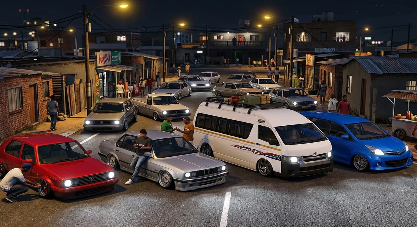 GTA Mzansi online multiplayer — stanced SA cars at a multiplayer car meet in a township