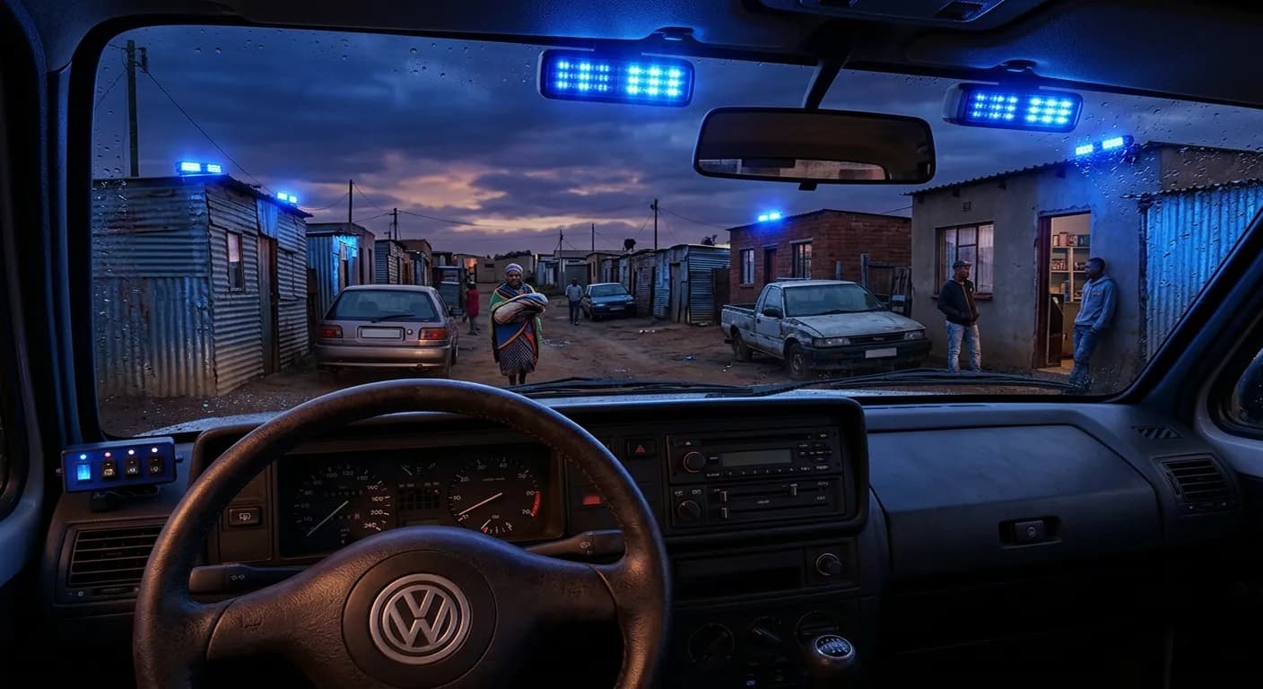 GTA Mzansi SAPS roleplay — VW Citi Golf police car with blue lights in a South African township