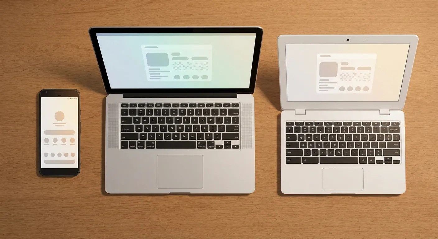 Phone, laptop and Chromebook side by side showing different GTA Mzansi install paths