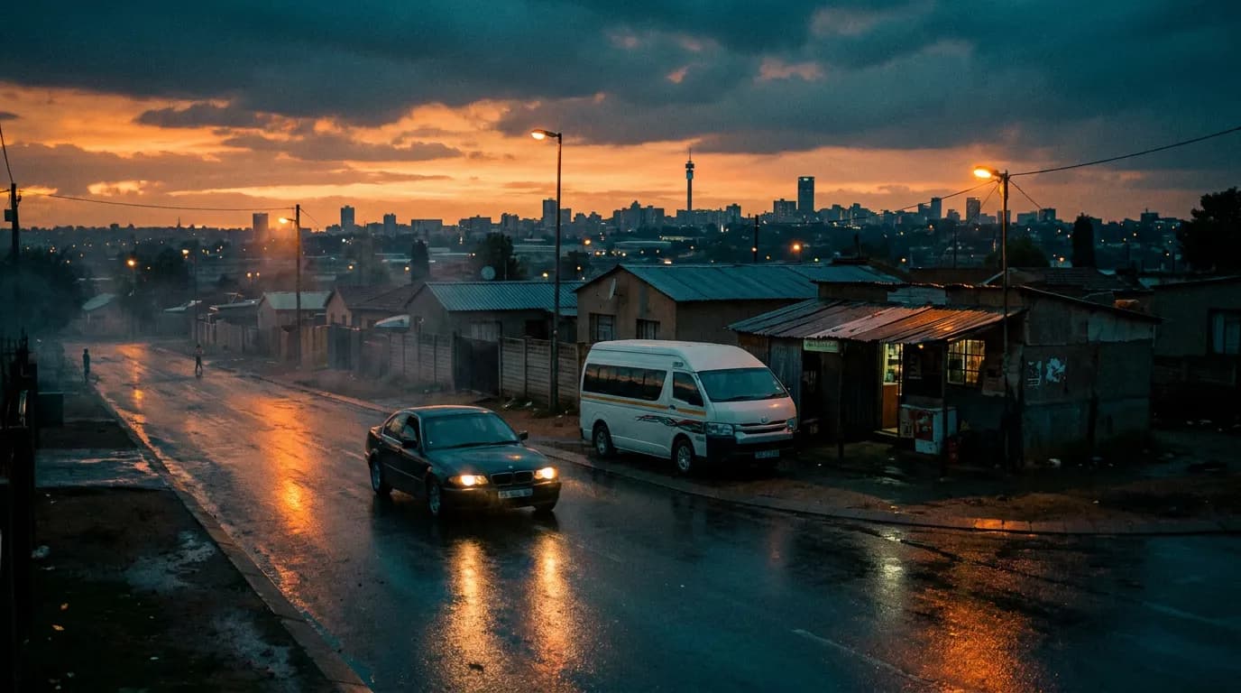 Illustration of a rainy South African township street at dusk with a minibus taxi and the Johannesburg skyline