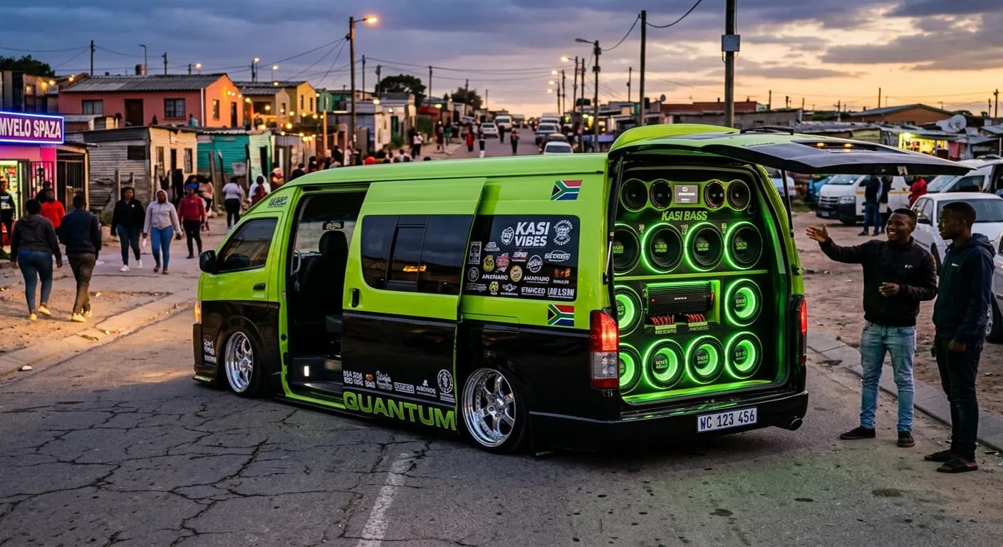 GTA Mzansi amapanyaza — stanced Toyota Quantum taxi slammed low with deep-dish rims and custom sound system