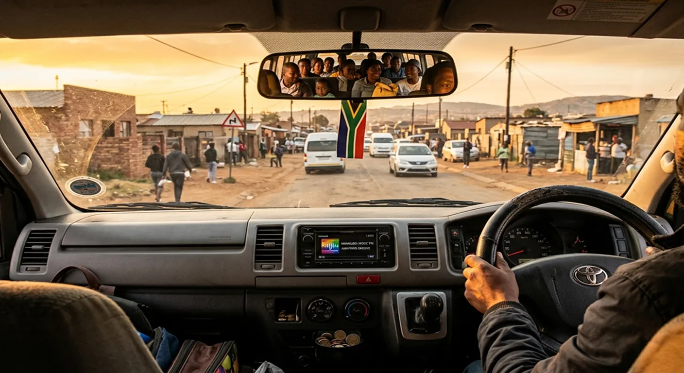 GTA Mzansi taxi driver POV — township road ahead through Quantum windscreen