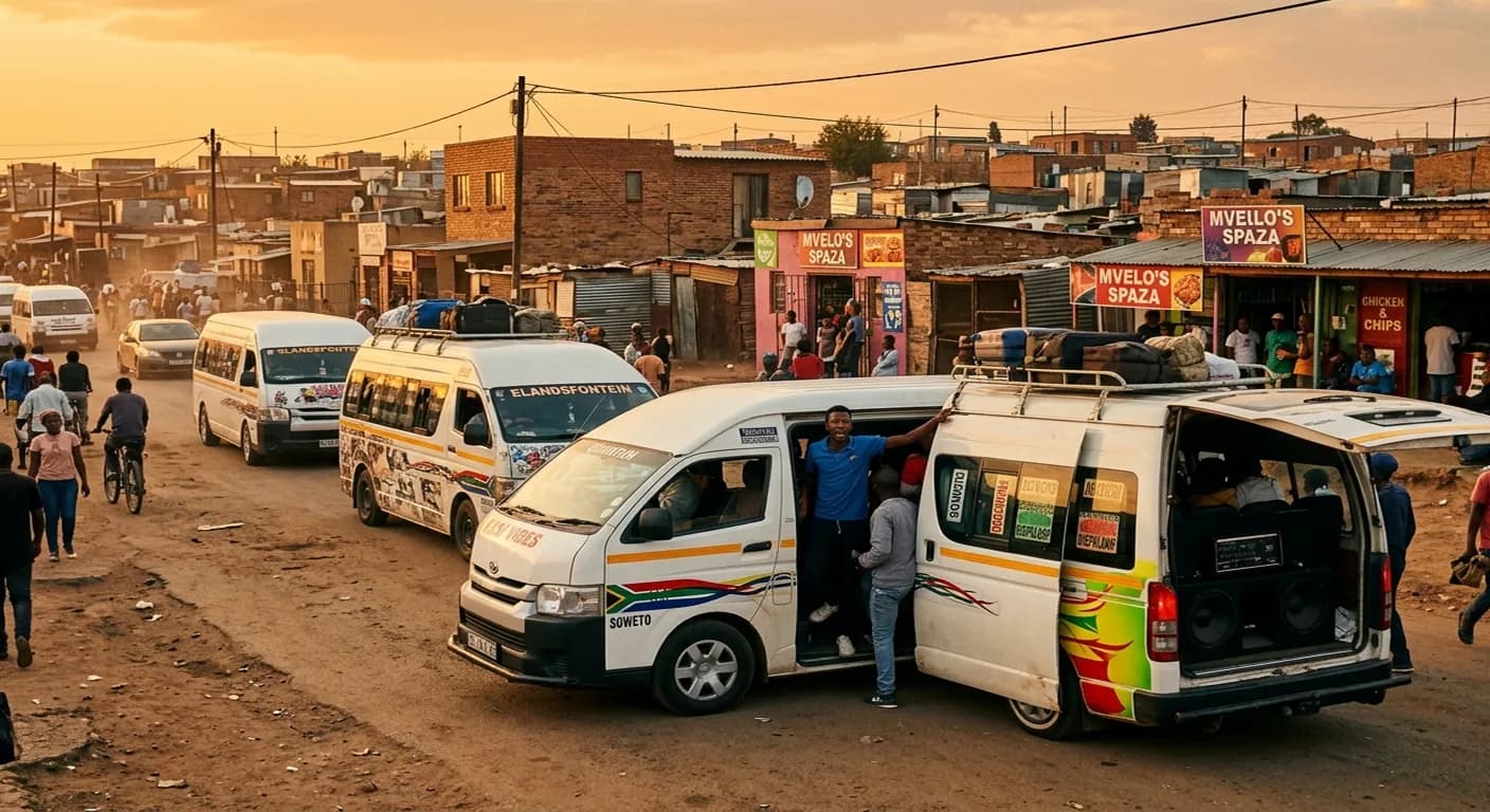 GTA Mzansi taxi — Toyota Quantum minibus taxis on a South African township street
