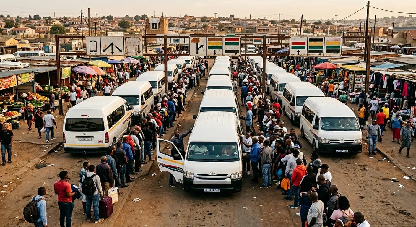 Busy South African taxi rank in GTA Mzansi — multiple Quantums lined up, passengers queuing